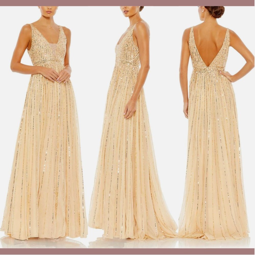 NWT $398 Mac Duggal [ 0 ] Sequined V-Neck Sleeveless Gown‎ in Sunset Nude
